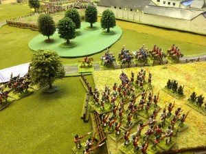 The Light Infantry advancing through the field with Cavalry on the road